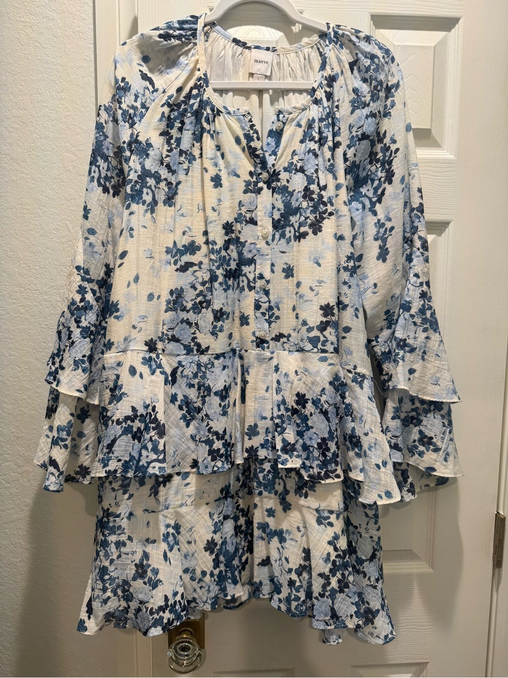 Anthropologie Blue Floral Tiered romantic flay dress